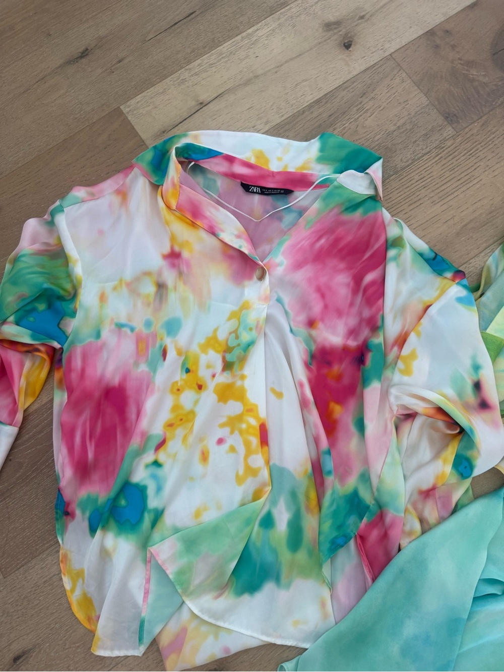 Zara Multicolor Watercolor Button-Down Blouse - Pink & Teal
